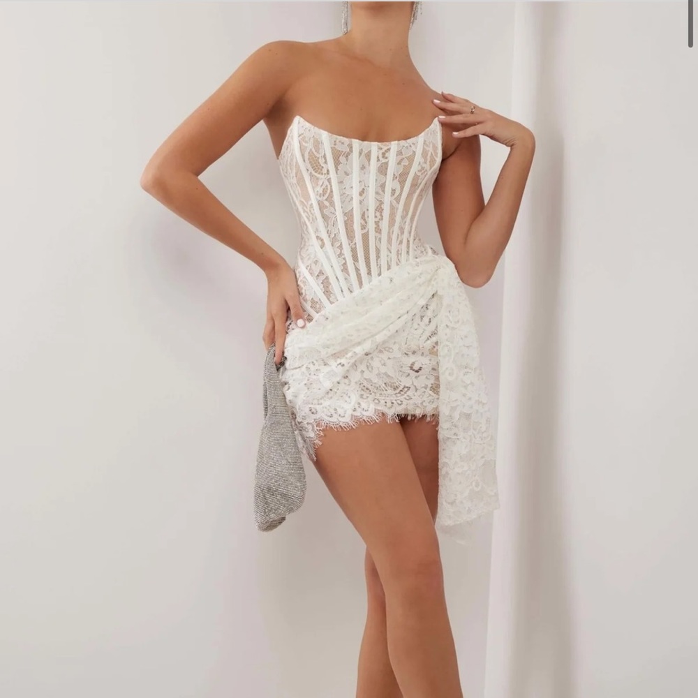 White lace corset draped mini dress